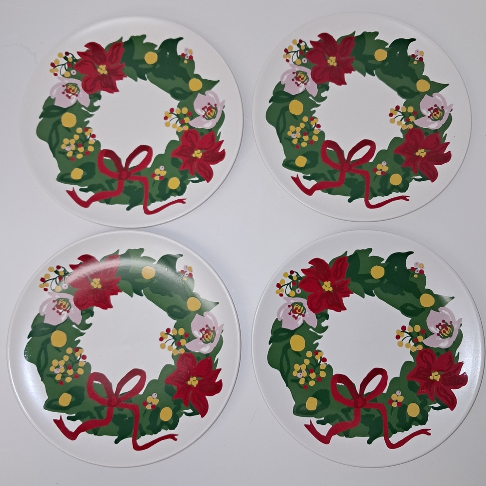 Set of 4 Threshold Festive Wreath appetizer holiday Christmas stoneware Plates